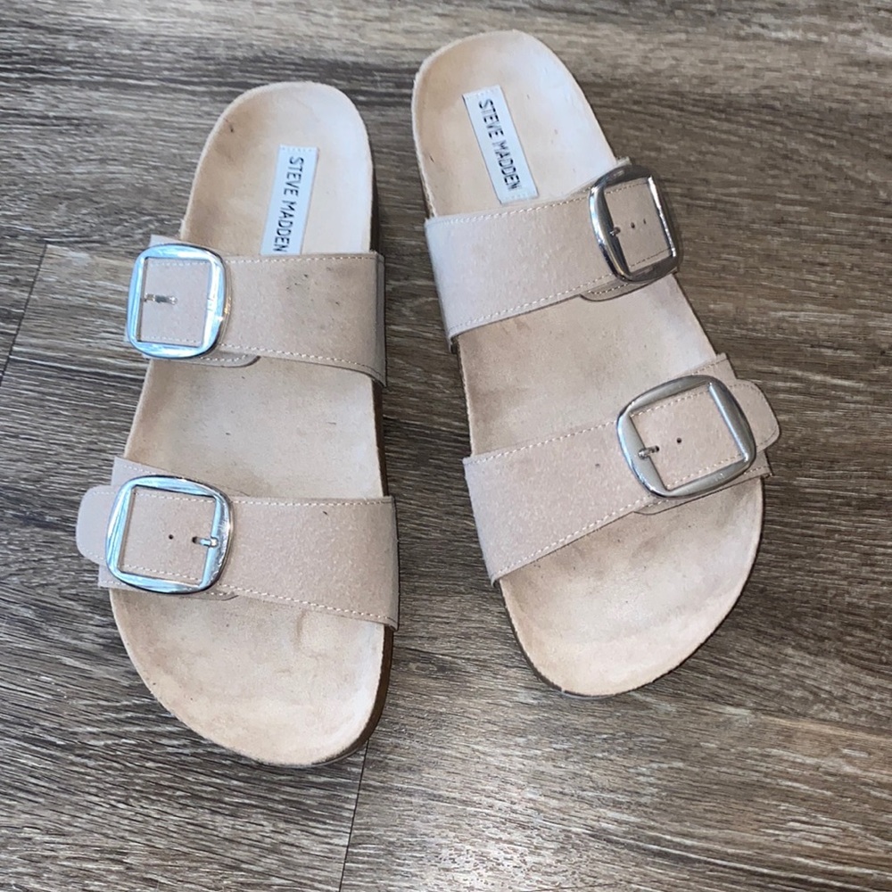Steve Madden Blanca Womens Faux Leather Buckle Footbed Sandals, White Size 9.5